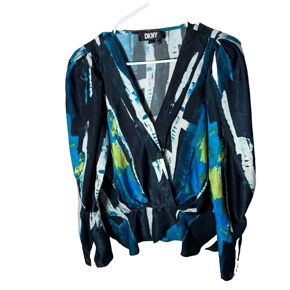 DKNY Blouse Women's Medium Blue Abstract Long Sleeve V-Neck Colorful Shirt Top
